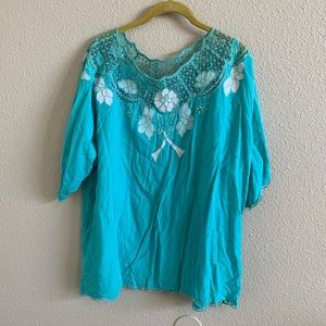 2 Piece Outfit Vintage Bali Emerald Sky Blue Floral Eyelet Skirt & Blouse Set 🌴